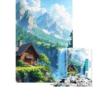 Puzzle da 1000 pezzi - Casetta vicino a una cascata in un paesaggio montano Difficile e stimolante migliora la memoria Decorazione per la casa Giocattolo adatto a partire dai 14 anni (38x52cm)