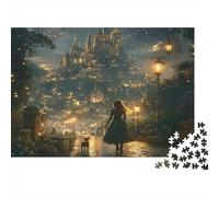 Puzzle da 1000 pezzi "Castello Fantasy Notturno" con ragazza che guarda il castello, giochi educativi per adulti. Bellissima decorazione, sfida di alta difficoltà, Dimensioni: 70x50 cm.