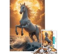 Puzzle da 1000 pezzi Cavallo bianco impennato tra le onde dell'oceano Gioco educativo giocattolo avvincente per coltivare la pazienza l'arte l'analisi e la logica (dimensioni 38x52cm)