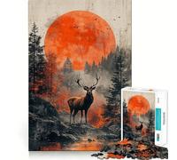 Puzzle da 1000 pezzi "Cervo nella foresta con luna rossa" per adolescenti, gioco di logica e abilità, tranquillo, taglio preciso, sorpresa di Natale 38x52cm