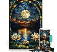 Puzzle da 1000 pezzi "Città al chiaro di luna" con vetrate colorate, gioco di logica puro, antistress, tagli netti, oggetto regalo di Babbo Natale 38x26cm