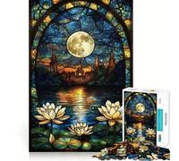 Puzzle da 1000 pezzi "Città al chiaro di luna" con vetrate colorate per adulti Migliora la memoria, rilassa la mente, bordi precisi, lista dei desideri di Babbo Natale 50x75cm