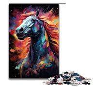 Puzzle da 1000 pezzi colorati con cavallo psichedelico da esplorazione spaziale per bambini in legno per la casa e l'arredamento (dimensioni 75x50 cm)