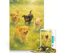 Puzzle da 1000 pezzi con acquerello raffigurante quattro cuccioli che giocano in un campo,senza sbavature,facile da trasportare e ideale per i viaggi (38x52cm)