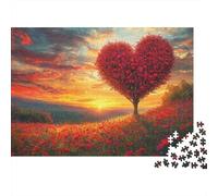 Puzzle da 1000 pezzi con albero a forma di cuore e tramonto. Albero rosso a forma di cuore al tramonto. Per adulti dai 12 anni in su. Giochi educativi. Bellissima decorazione. Compleanno. 70x50 cm.