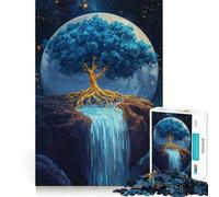 Puzzle da 1000 pezzi con albero blu e oro dai colori vivaci,cascata,per adulti,ideale per allenare la mente,con pezzi ben tagliati e senza sbavature Attività di gruppo emozionante (38x52cm)