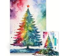 Puzzle da 1000 pezzi con albero di Natale ad acquerello,divertente per allenare la mente,con incastri precisi e senza spazi vuoti,ideale per creare un legame speciale con i propri cari (50x75cm)