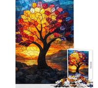 Puzzle da 1000 pezzi con albero e tramonto in vetro colorato gioco educativo difficile decorazione da parete per rafforzare l'amore tra le coppie (50x75cm)