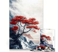 Puzzle da 1000 pezzi con albero rosso sulla scogliera per adulti, gioco di logica intelligente, divertimento casual, bordi lisci, decorazione da parete (38x26cm)