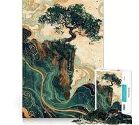 Puzzle da 1000 pezzi con albero sulla scogliera e cascata, taglio premium, gioco per lo sviluppo della mente, divertimento e pace, regalo di compleanno (38x26cm)