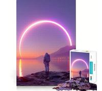 Puzzle da 1000 pezzi con astronauta e anello al neon al tramonto,design a bordi fini,puzzle logico,gioco di svago,regalo di compleanno divertente (38x26cm)