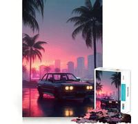 Puzzle da 1000 pezzi con auto retrò su strada illuminata al neon, ideale per adolescenti Gioco di logica puro, rilassante e di precisione Opera d'arte (50x75cm)