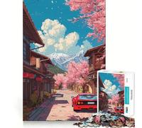 Puzzle da 1000 pezzi con auto rossa tra i ciliegi in fiore giapponesi, ideale per adolescenti, un gioco rilassante e distensivo, con bordi precisi (50x75cm)