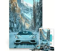 Puzzle da 1000 pezzi con auto sportiva bianca tra montagne innevate,gioco creativo per lo sviluppo delle capacità di costruzione,incastro,nessun pezzo si stacca,attività per rafforzarei legami