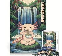 Puzzle da 1000 pezzi con axolotl che mangia ramen vicino a una cascata,ideale per adolescenti,stimola la capacità di ragionamento,favorisce la calma e il relax,perfetto come regalo di compleanno