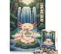 Puzzle da 1000 pezzi con axolotl che mangia ramen vicino a una cascata, per un pensiero chiaro e un passatempo rilassante, bordi precisi e una sorpresa festiva (50x75cm)
