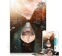 Puzzle da 1000 pezzi con barca sul canale di Amsterdam in autunno,gioco con bordi perfetti,gioco cognitivo divertente,gioco lento,divertente,decorazione artistica natalizia (50x75cm)