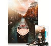 Puzzle da 1000 pezzi con barca sul canale di Amsterdam in autunno,taglio preciso,decorazione logica,gioco di pensiero,momento di calma,regalo di Natale (38x52cm)