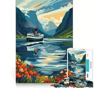 Puzzle da 1000 pezzi con barca sul fiordo norvegese per ragazzi, gioco di logica e abilità, momento di relax, taglio preciso, (38x52cm)