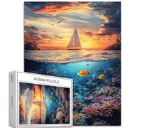 Puzzle da 1000 pezzi con barche a vela in lontananza, per adulti, mare, tramonto, sfondo, puzzle artistico, colorato, fai da te, per la decorazione della casa, regali, puzzle per famiglia, perfetto