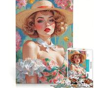 Puzzle da 1000 pezzi con bionda pin-up in abito floreale e cappello di paglia, giocattolo educativo, divertente antistress, per migliorare l'amore tra le coppie 50x75cm