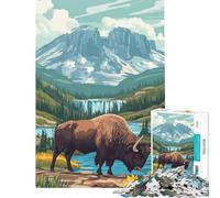 Puzzle da 1000 pezzi con bisonte vicino a una cascata sfida per l'intelligenza giocattolo coinvolgente gioco pratico regalo di compleanno regalo per il Secret Santa (dimensioni 75x50cm)