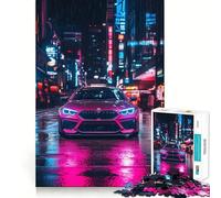 Puzzle da 1000 pezzi con BMW rosa in città al neon, gioco di logica per adulti, svago, bordi lisci, regalo stagionale (38x52cm)
