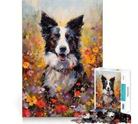 Puzzle da 1000 pezzi con Border Collie tra i fiori,bordi senza soluzione di continuità Gioco stimolante e divertente,ideale per momenti di svago e svago Regalo artistico di Natale 50x75cm