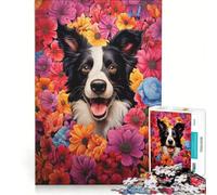 Puzzle da 1000 pezzi con Border Collie tra i fiori, gioco rompicapo, sfida impegnativa, ideale come regalo per tutta la famiglia 38x52cm