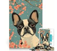 Puzzle da 1000 pezzi con Boston Terrier e fiori di ciliegio,gioco di precisione,stimolante e rilassante,ideale per compleanni 50x75cm