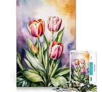 Puzzle da 1000 pezzi con bouquet di tulipani ad acquerello,ideale per stimolare la concentrazione,con taglio laser per un incastro perfetto e un'attività divertente da fare insieme ai propri cari
