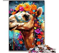 Puzzle da 1000 pezzi con cammello che indossa fiori, puzzle difficili per adulti, interazione familiare e regalo divertente, design astratto vibrante (dimensioni 50x75cm)