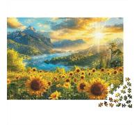 Puzzle da 1000 pezzi con campo di girasoli e lago, paesaggio montano con alba, giochi educativi per adulti, bellissima decorazione, difficile e stimolante, regalo di compleanno. 52x38cm/1000pcs