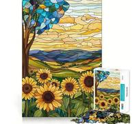 Puzzle da 1000 pezzi con campo di girasoli in vetro colorato, bordi sottili, gioco di abilità per la mente, rilassante, regalo di Natale (38x26cm)