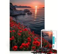 Puzzle da 1000 pezzi con campo di papaveri e tramonto sul mare, ideale per adolescenti, gioco di logica e antistress, taglio preciso, regalo memorabile (38x52cm)