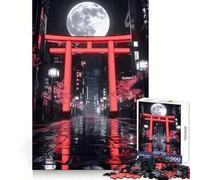 Puzzle da 1000 pezzi con cancello Torii al neon, luna piena notturna, ideale per adolescenti, gioco di logica, hobby tranquillo, bordi lisci, (50x75cm)