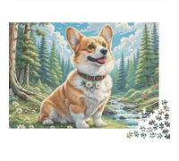 Puzzle da 1000 pezzi con cane Corgi in una scena nella foresta. Un Corgi felice in una scena nella foresta. Gioco educativo per adulti, decorazione per la casa, ideale come di compleanno. 52x38 cm.