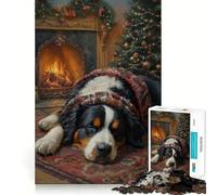 Puzzle da 1000 pezzi con cane da montagna bernese addormentato accanto al camino di Natale,decorazione con bordi precisi,giocattolo creativo,divertimento facile,regalo di Natale (38x52cm)