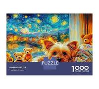Puzzle da 1000 pezzi con cane nella notte stellata, cucciolo su una porta colorata, per adulti dai 12 anni in suochi educativi, bellissime decorazioni, compleanno maschile e femminile, 52x38 cm