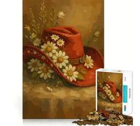 Puzzle da 1000 pezzi con cappello da cowboy rosso e margherite, ideale per ragazzi, gioco di logica, momento di relax, pezzo da collezione artistico di precisione (38x52cm)