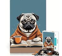 Puzzle da 1000 pezzi con carlino che beve caffè e legge un libro per adulti, un gioco stimolante per la mente, un'oasi di tranquillità e relax, un pezzo da collezione di alta qualità (50x75cm)
