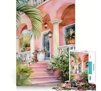 Puzzle da 1000 pezzi con casa rosa ad acquerello e piante tropicali ideale per ragazzi per migliorare la memoria facile da realizzare e per il tempo libero Decorazione murale di alta qualità (38x26cm)