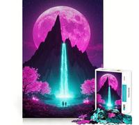 Puzzle da 1000 pezzi con cascata al neon sotto la luna rosa per adulti, gioco di puzzle per allenare la mente, momento di condivisione, arte, assemblaggio, regalo elegante (50x75cm)