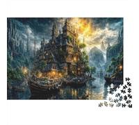Puzzle da 1000 pezzi con castello fantasy e porto, castello oscuro con riflesso sull'acqua, gioco educativo per adulti, bellissima decorazione, difficile e stimolante, regalo di compleanno. 52x38 cm.