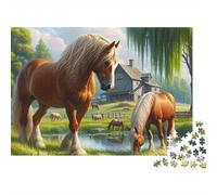 Puzzle da 1000 pezzi con cavallo al pascolo, cavalli che pascolano vicino a uno stagno, per adulti, giochi educativi, bella decorazione, difficoltà, regalo di compleanno per uomini e donne, 52x38 cm