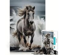 Puzzle da 1000 pezzi con cavallo bianco al galoppo tra le onde dell'oceano,ideale per ragazzi,stimola la mente,divertimento,incastro perfetto,attività rilassante e piacevole per interni (50x75cm)
