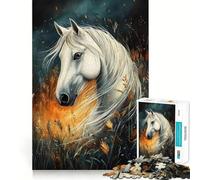 Puzzle da 1000 pezzi con cavallo bianco ed erba autunnale,gioco di concentrazione mentale,taglio di precisione,bordi lisci,gioco significativo per costruire connessioni (50x75cm)