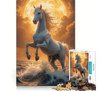 Puzzle da 1000 pezzi con cavallo bianco impennato tra le onde dell'oceano,ideale per ragazzi,con un divertente gioco di memoria e un'attività di gruppo rilassante al chiuso (50x75cm)