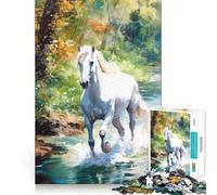 Puzzle da 1000 pezzi con cavallo bianco nel ruscello per adulti,gioco di memoria e allenamento per la mente,taglio laser per un incastro perfetto, alleviare lo stress (38x26cm)