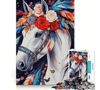 Puzzle da 1000 pezzi con cavallo bianco,piume e fiori,gioco di memoria,taglio di alta precisione,sfida interattiva per la mente,ideale per la casa (38x26cm)